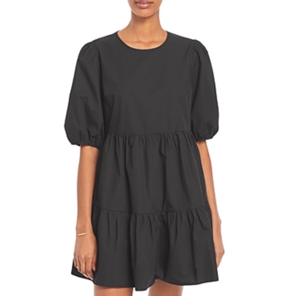AQUA FROM BLOOMINGDALE’S PUFF SLEEVE TIERED BLACK COTTON DRESS  POCKETS MED NWT